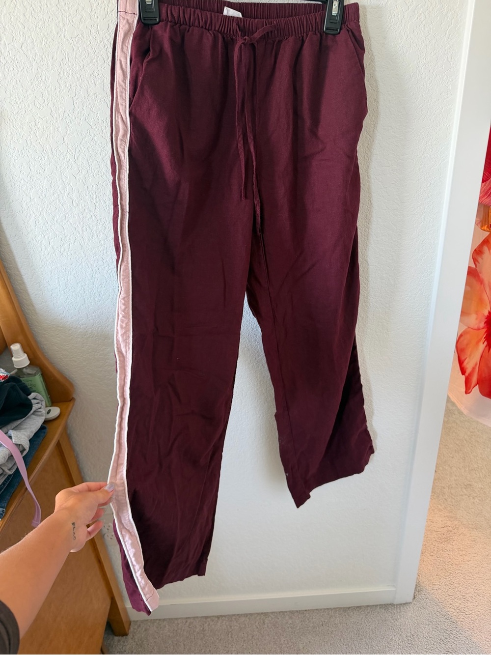 Cotton On Burgundy linen pants with Pink Side Stripe
